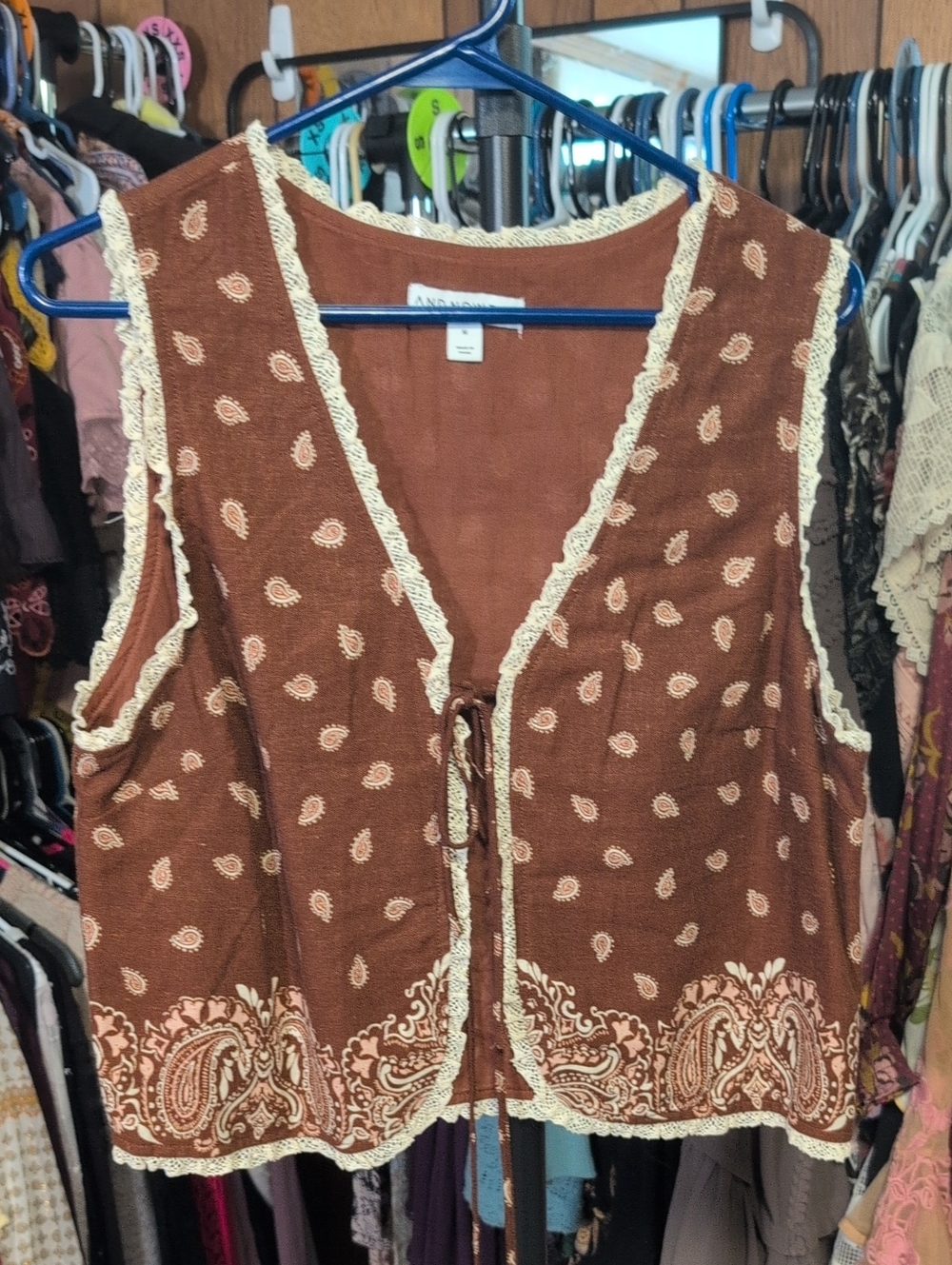 And Now This Brown Paisley Crochet-Trim Brown Sleeveless Vest NWOT